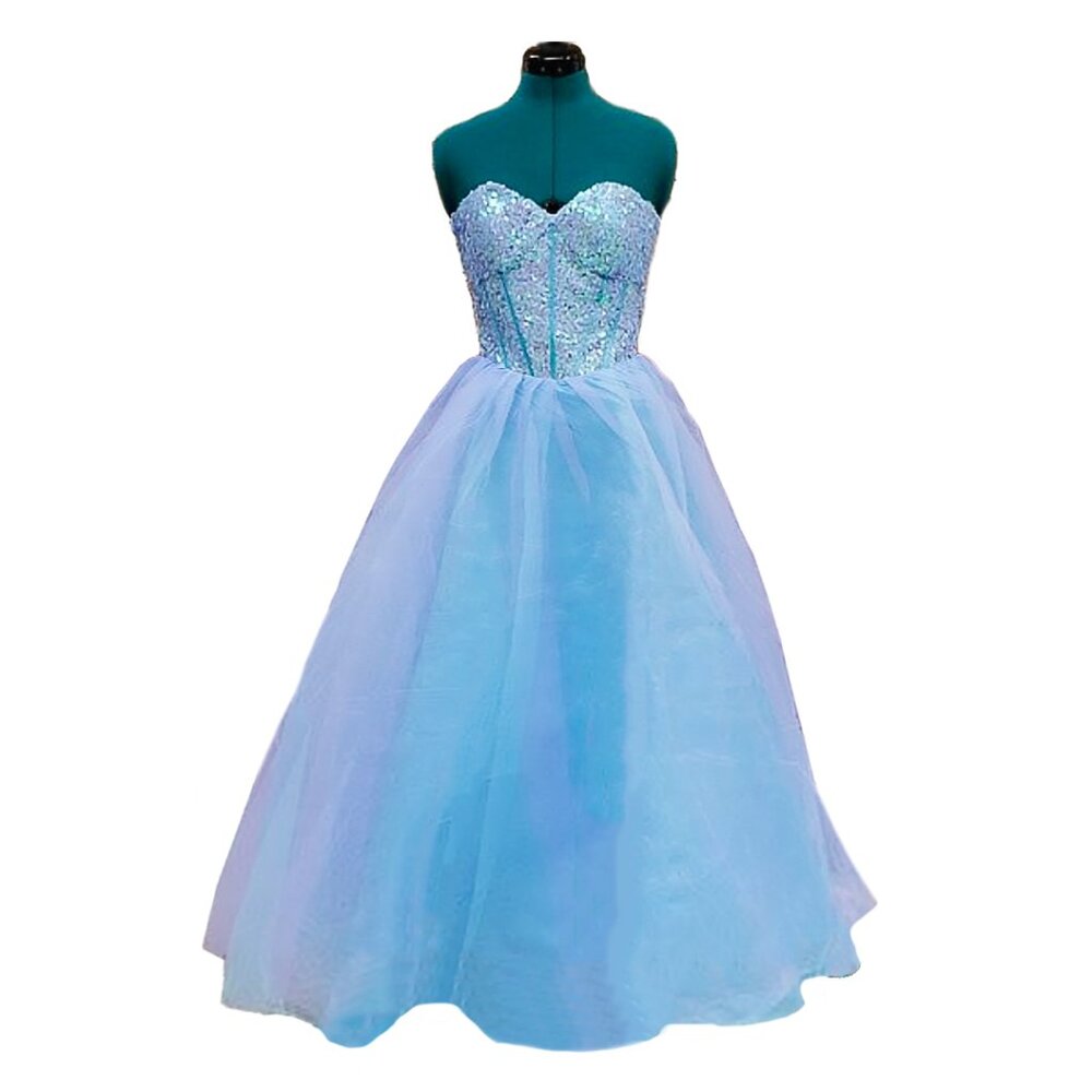 Iridescent Sequin Strapless Sweetheart Ball Gown - Light Blue/Purple Tulle Skirt
